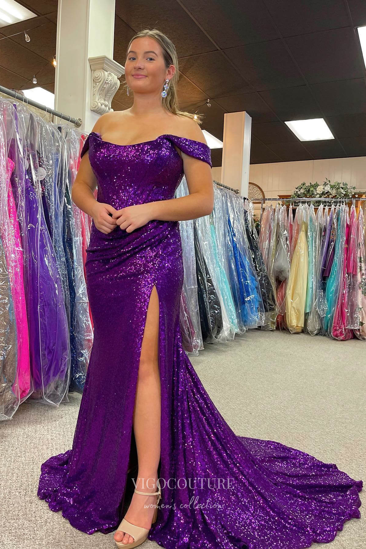 Shimmering Purple Sequin Mermaid Prom Dress with High Slit and Off-Shoulder Neckline 22212 Burgundy / US6 Shimmering Purple Sequin Mermaid Prom Dress with High Slit and Off-Shoulder Neckline 22212 Burgundy / US6