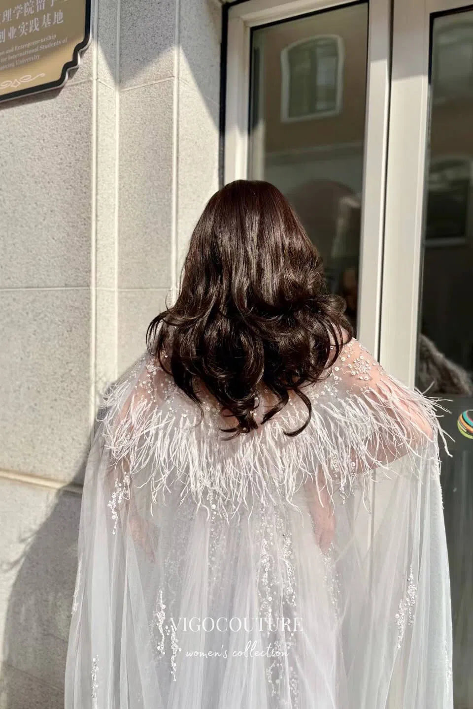 Prom Dress 2025 Silver Beaded Cape Sleeve Prom Dress with V-Neck and Feathers 22249-unique elegant Prom Dresses-Silver-US2-vigocouture