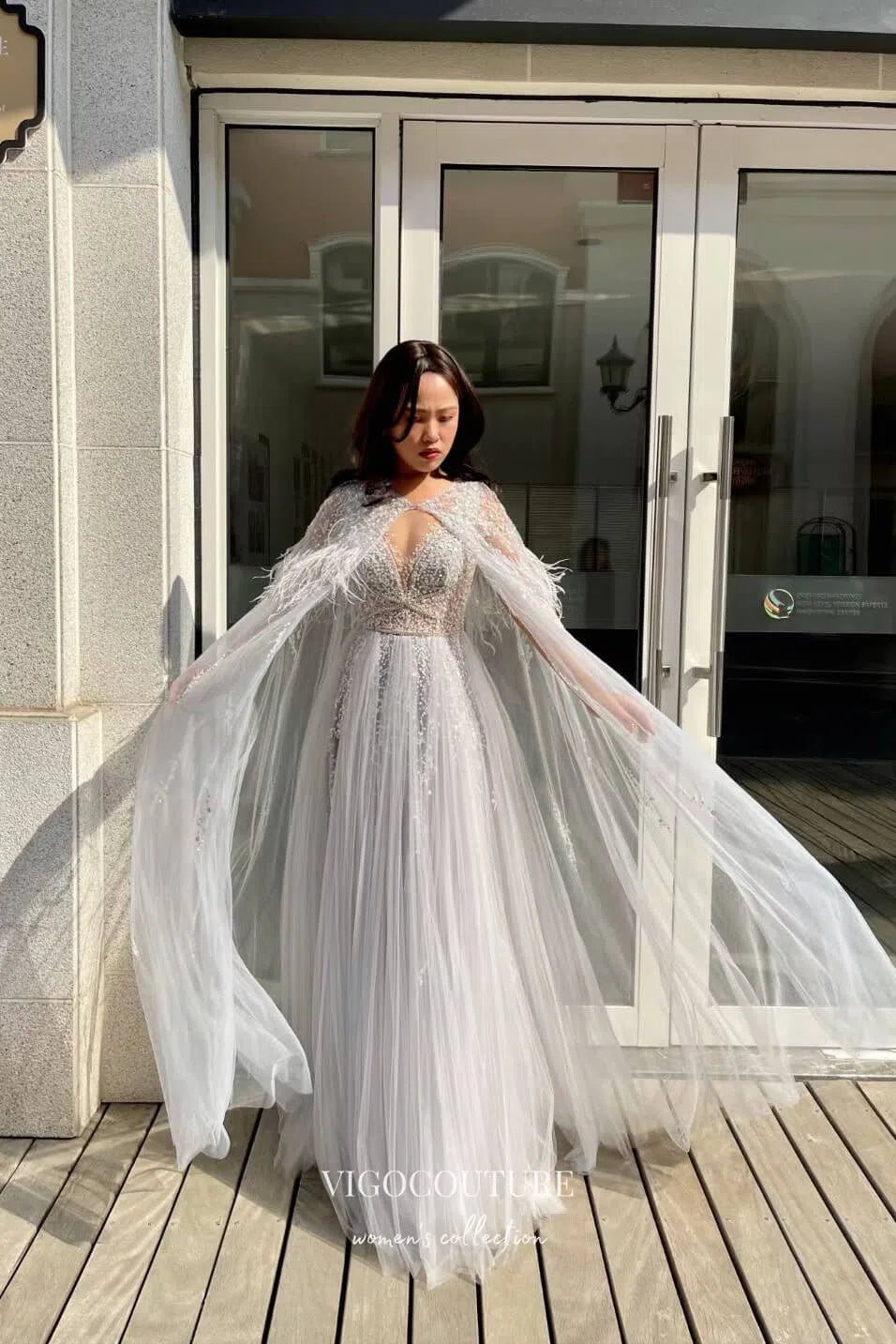 Silver Beaded Cape Sleeve Prom Dress with V-Neck and Feathers 22249 Silver / US10 Silver Beaded Cape Sleeve Prom Dress with V-Neck and Feathers 22249 Silver / US10