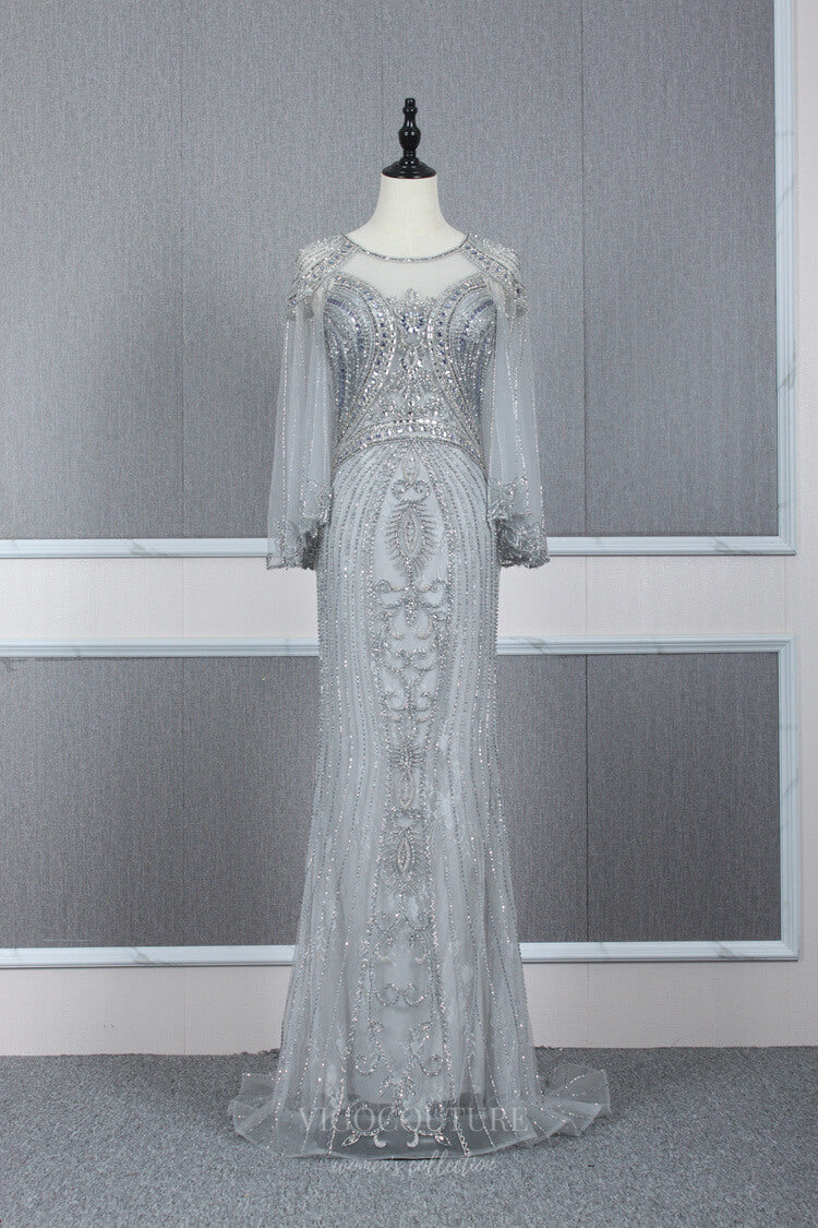 Silver Beaded Prom Dresses Long Sleeve Evening Dresses 20765 Custom Colors / US12 Silver Beaded Prom Dresses Long Sleeve Evening Dresses 20765 Custom Colors / US12