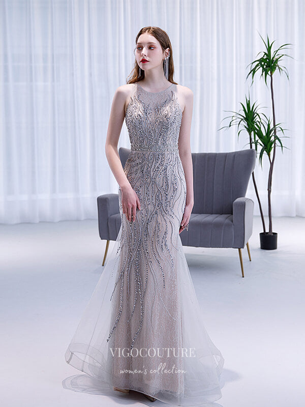 Silver Beaded Prom Dresses Mermaid Formal Dresses 21508 Silver / US8 Silver Beaded Prom Dresses Mermaid Formal Dresses 21508 Silver / US8