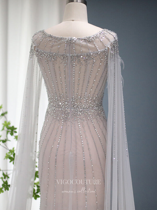 Prom Dress 2025 Silver Cape Sleeve Prom Dresses Sheath Feather Mother of the Bride Dress 22156-unique elegant Prom Dresses-Silver-US2-vigocouture