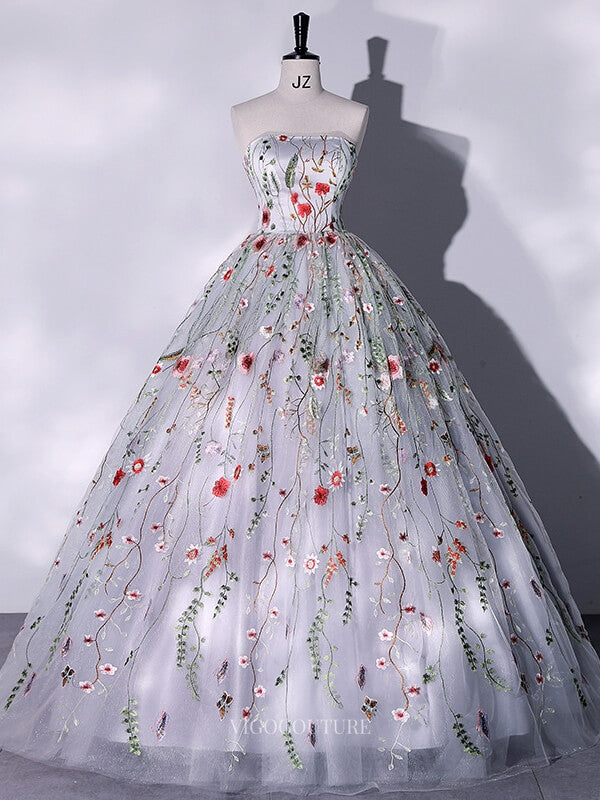 Silver Floral Lace Prom Dresses Strapless Quinceanera Dresses BG063 Silver / US4 Silver Floral Lace Prom Dresses Strapless Quinceanera Dresses BG063 Silver / US4