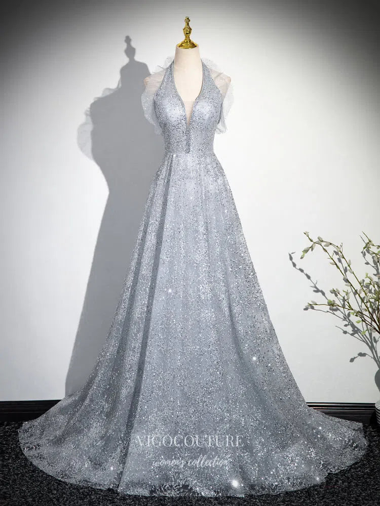 Silver Halter Neck Ruffled Prom Dresses Shimmering Tulle Evening Dress 25078 Silver / Custom Size Silver Halter Neck Ruffled Prom Dresses Shimmering Tulle Evening Dress 25078 Silver / Custom Size