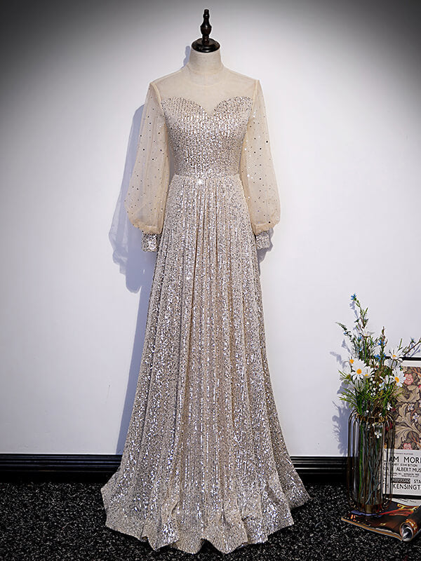 Silver Sequin Long Sleeve Boat Neck Prom Dress 20892 Custom Colors / 16W Silver Sequin Long Sleeve Boat Neck Prom Dress 20892 Custom Colors / 16W