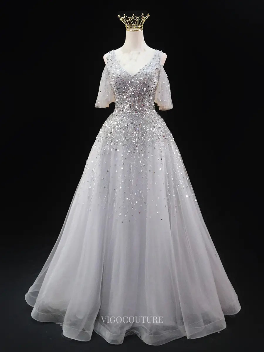 Silver Tulle Prom Dresses with Sequin Bodice, V-Neck, Formal Dresses SU062 - Silver / US12 Silver Tulle Prom Dresses with Sequin Bodice, V-Neck, Formal Dresses SU062 - Silver / US12