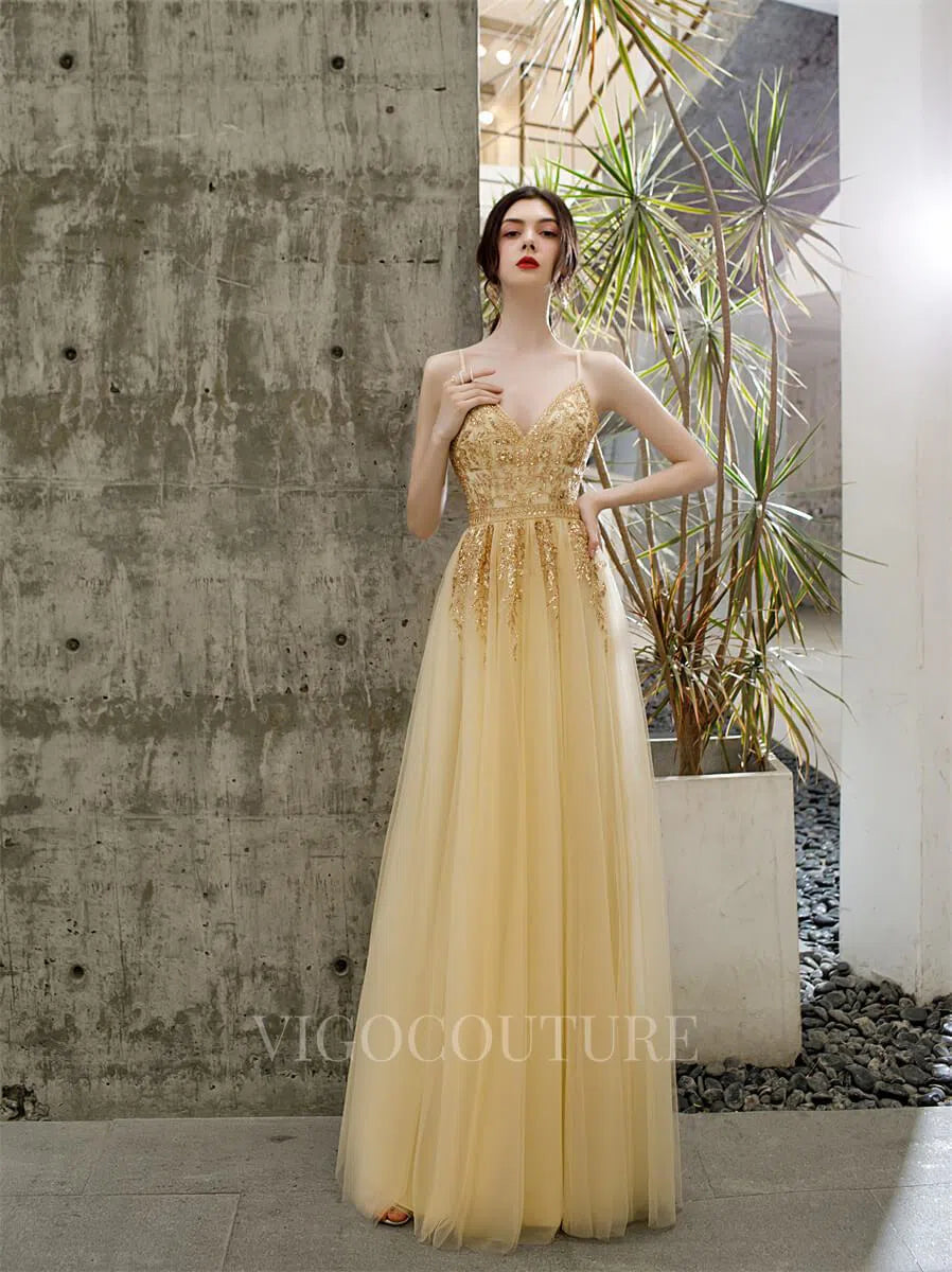 Spaghetti Strap A-Line Prom Gown Beaded Prom Dresses 20174 Gold / US12 Spaghetti Strap A-Line Prom Gown Beaded Prom Dresses 20174 Gold / US12