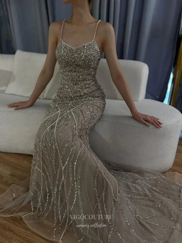 Prom Dresses 2025 to impress Spaghetti Strap Glitter Embellished Mermaid Gown with Train – Style 25332-vigocouture-vigocouture