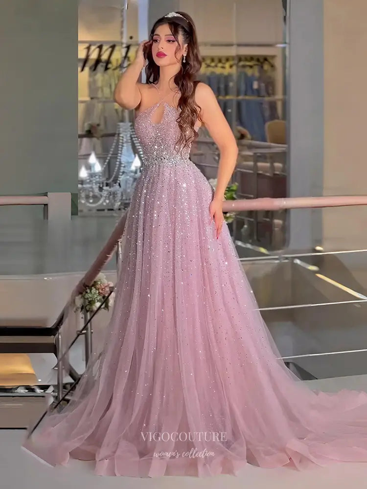 Sparkly A-Line Rhinestone Tulle Prom Dress with Halter 25343 vigocouture Sparkly A-Line Rhinestone Tulle Prom Dress with Halter 25343 vigocouture