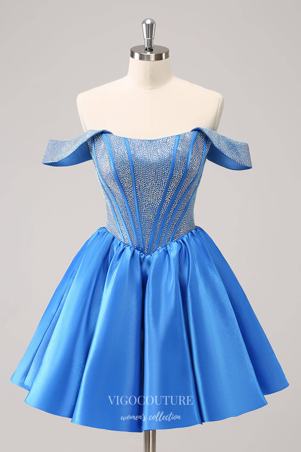 ZAPAKA Women Sparkly Blue A-Line Graduation Dress Off the Shoulder Beaded Satin Short Prom Dress, Blue / UK16 ZAPAKA Women Sparkly Blue A-Line Graduation Dress Off the Shoulder Beaded Satin Short Prom Dress, Blue / UK16
