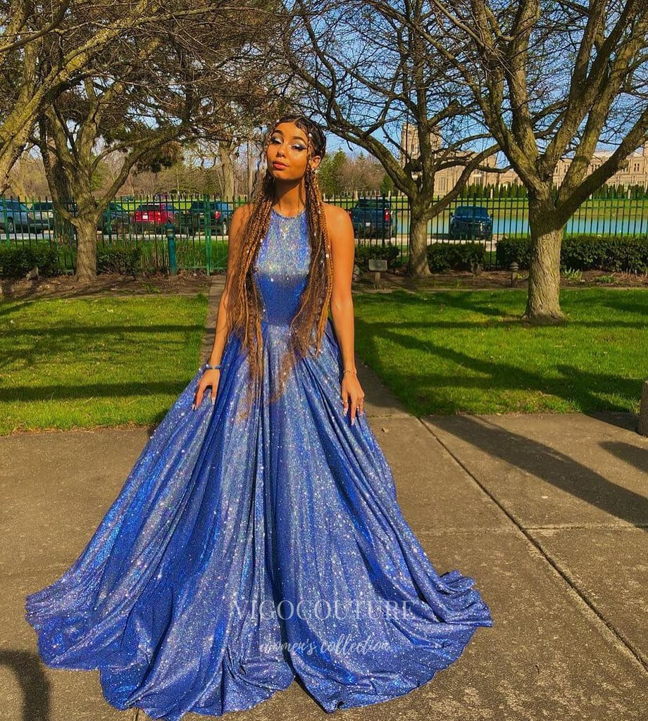 Sparkly Blue Prom Dresses with Pockets Halter Neck Formal Gown