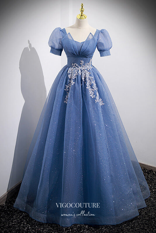 Sparkly Tulle Puffed Sleeve Formal Dress A-Line Beaded Prom Dresses 21660 Blue / US12 Sparkly Tulle Puffed Sleeve Formal Dress A-Line Beaded Prom Dresses 21660 Blue / US12