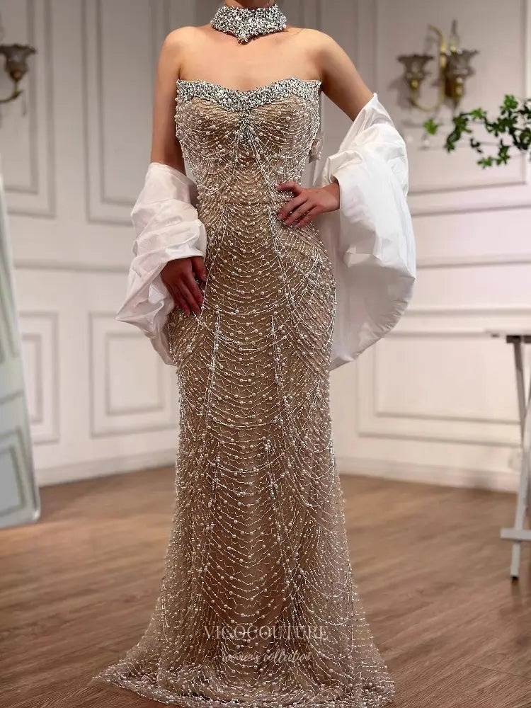 Strapless Beaded Evening Gown with Choker Neckline & Sheer Train - Style 25317 | VIGO COUTURE Beige / 16 Strapless Beaded Evening Gown with Choker Neckline & Sheer Train - Style 25317 | VIGO COUTURE Beige / 16