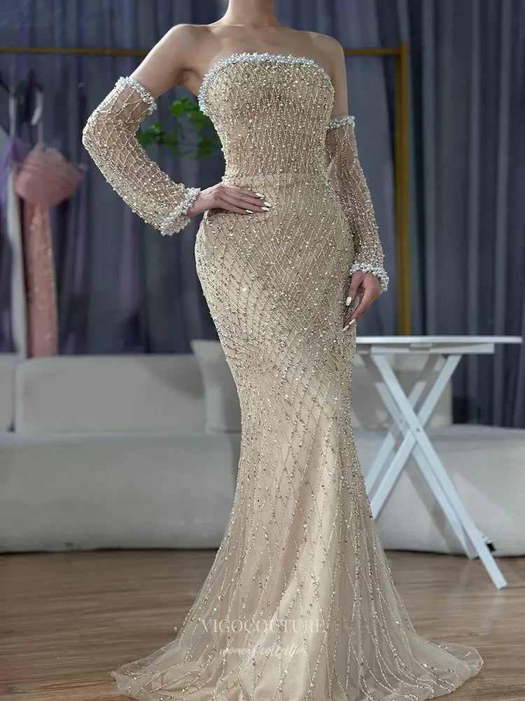 Prom Dresses 2025 to impress Strapless Beaded Mermaid Gown with Long Pearl-Embellished Sleeves - Style 25319-vigocouture-vigocouture