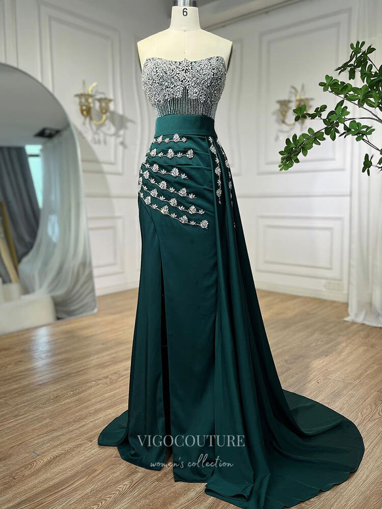 Strapless Beaded Mermaid Prom Dresses with Slit Satin Overskirt Pagean vigocouture Strapless Beaded Mermaid Prom Dresses with Slit Satin Overskirt Pagean vigocouture