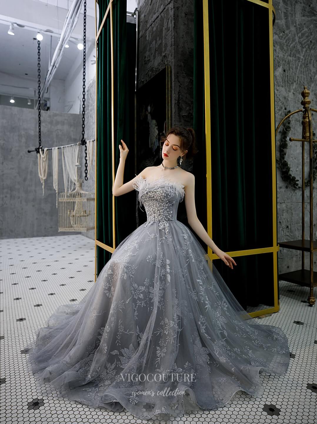 Strapless Beaded Prom Dress 20213 Grey / US16 Strapless Beaded Prom Dress 20213 Grey / US16