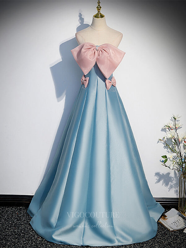 Strapless Blue Satin With Bow Prom Dress 20863 Blue / US4 Strapless Blue Satin With Bow Prom Dress 20863 Blue / US4