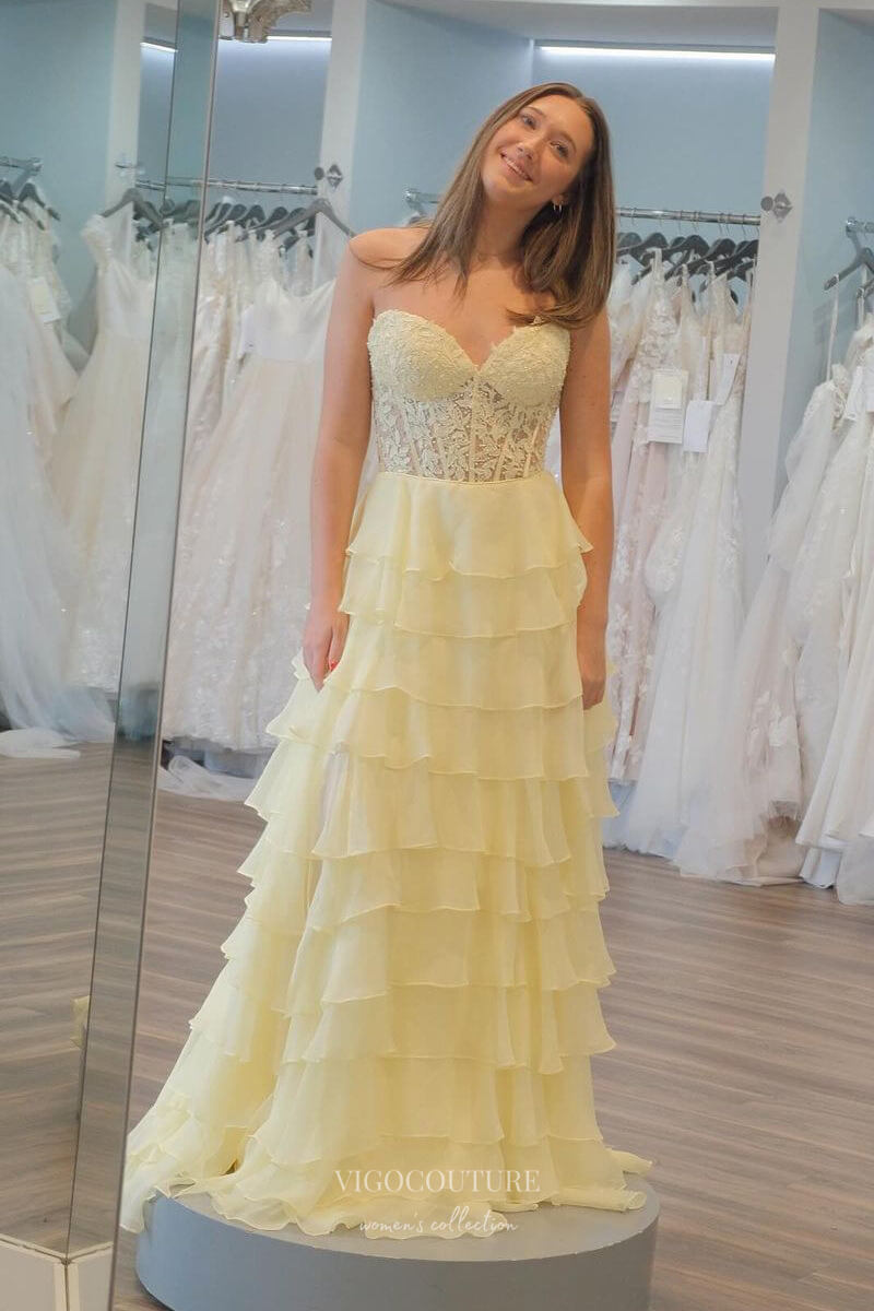 Strapless Chiffon Ruffle Prom Dresses with Slit Lace Applique Formal D vigocouture Strapless Chiffon Ruffle Prom Dresses with Slit Lace Applique Formal D vigocouture