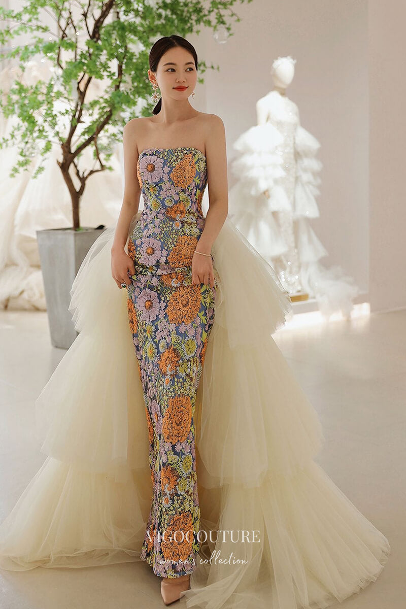 mermaid floral prom dress Sheer-Bodice Long Pastel Mermaid Prom Gown