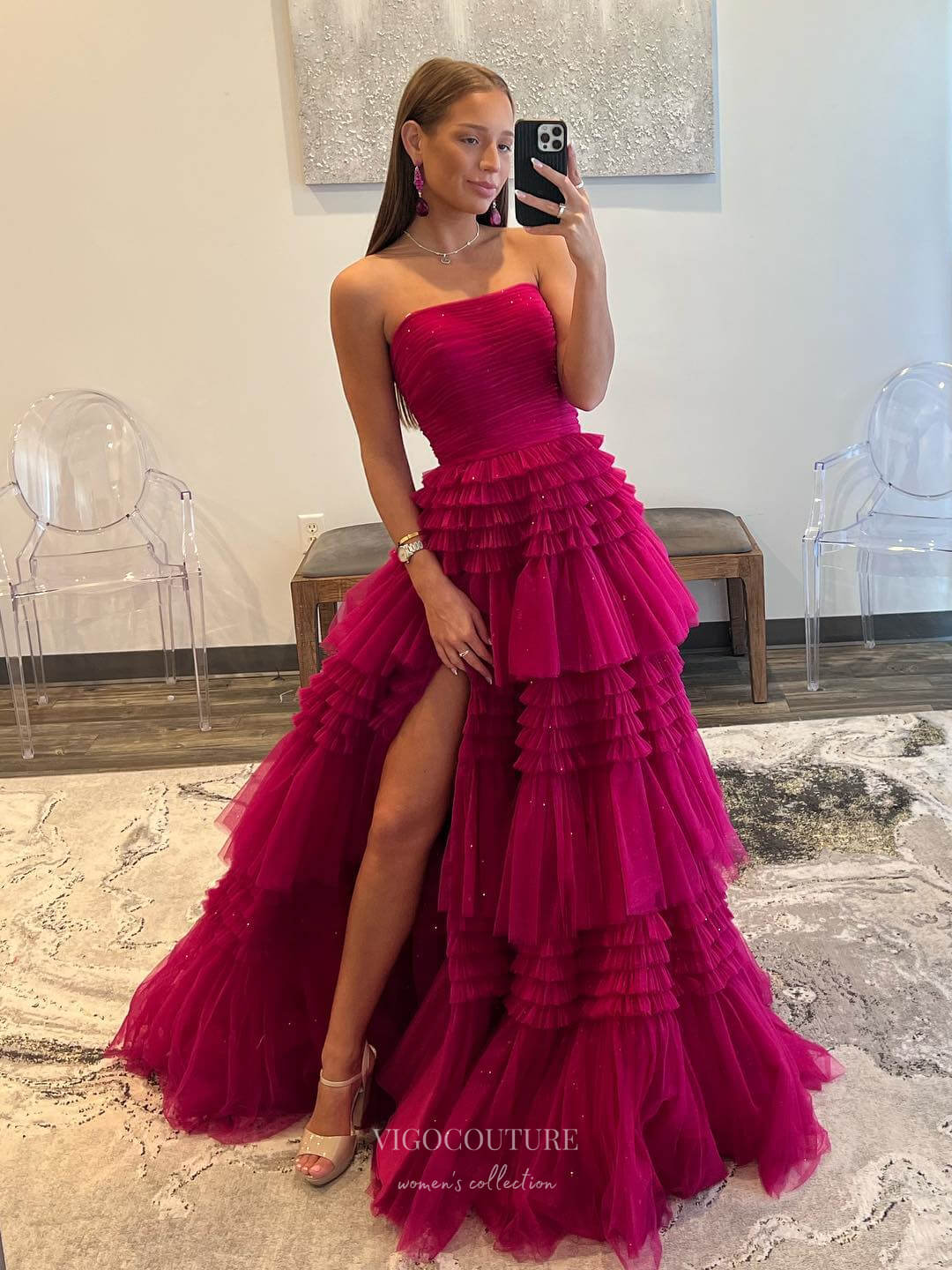 Strapless Ruffled Prom Dresses with Slit Sparkly Tulle Formal Gown 240 vigocouture Strapless Ruffled Prom Dresses with Slit Sparkly Tulle Formal Gown 240 vigocouture