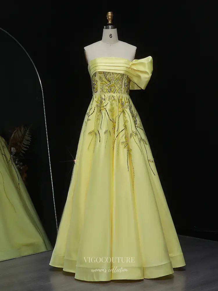Prom Dresses 2025 to impress Strapless Satin Ball Gown with Floral Embroidery and Side Bow – Style 25337-vigocouture-Yellow-2-vigocouture