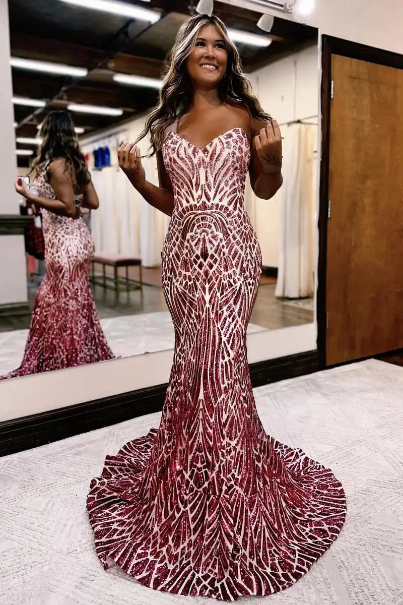 Prom Dresses 2025 to impress Strapless Sweetheart Sequin Mermaid Prom Dress with Abstract Glitter Pattern & Lace-Up Open Back – 26103-vigocouture-Burgundy-US 0-vigocouture