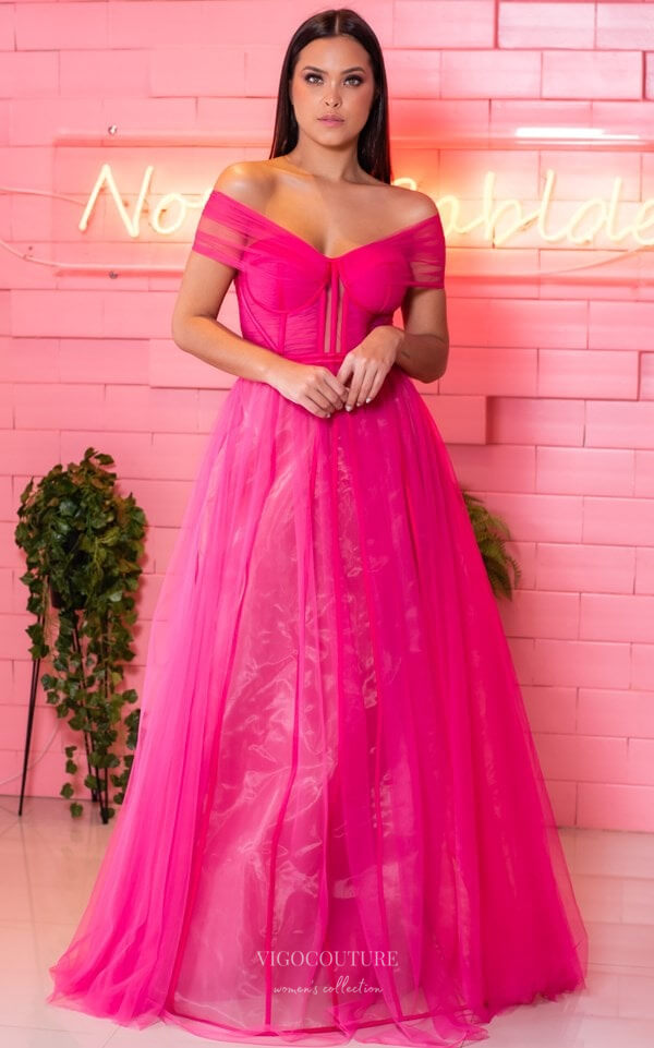 Stunning Fuchsia Tulle Prom Dresses Off the Shoulder Formal Gown 24014 vigocouture Stunning Fuchsia Tulle Prom Dresses Off the Shoulder Formal Gown 24014 vigocouture