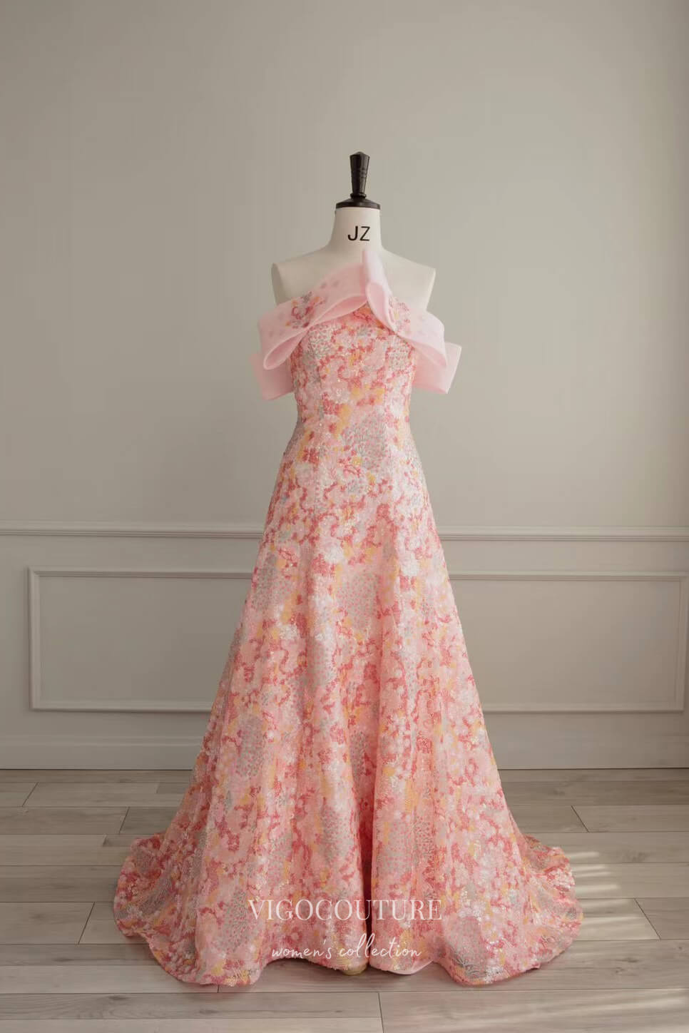 Stunning Pink Off-The-Shoulder Floral Sequin Prom Dress 22390 Pink / US0 Stunning Pink Off-The-Shoulder Floral Sequin Prom Dress 22390 Pink / US0
