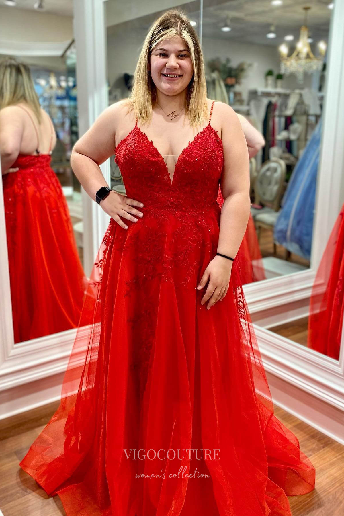 Stunning Red Lace Applique Plunging V-Neck Prom Dress with Spaghetti S vigocouture Stunning Red Lace Applique Plunging V-Neck Prom Dress with Spaghetti S vigocouture
