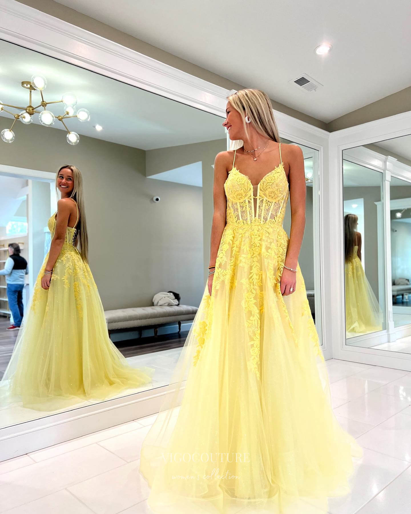 Stunning Yellow Lace Applique Prom Dresses Spaghetti Strap Evening Dre vigocouture Stunning Yellow Lace Applique Prom Dresses Spaghetti Strap Evening Dre vigocouture
