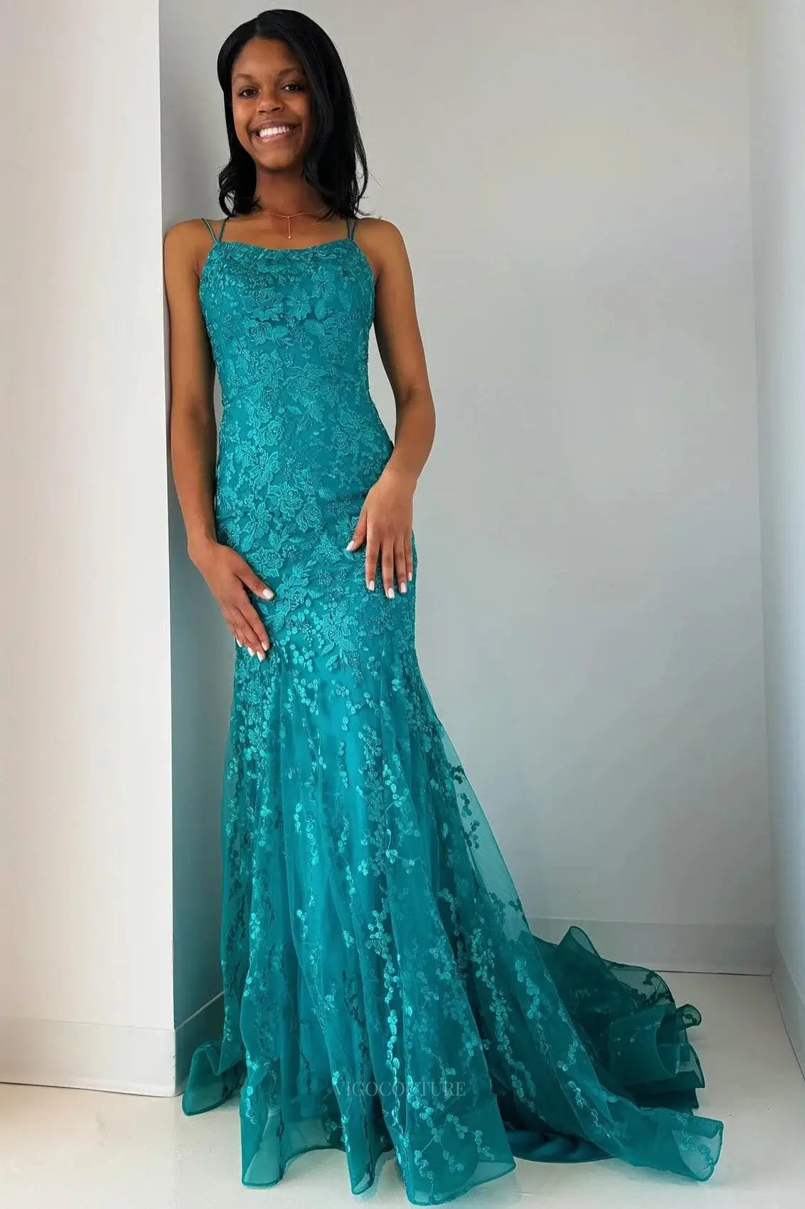 Prom Dresses 2025 to impress Teal Blue Lace Mermaid Prom Dresses 2025 Spaghetti Strap Formal Dresses – 25134-vigocouture-vigocouture