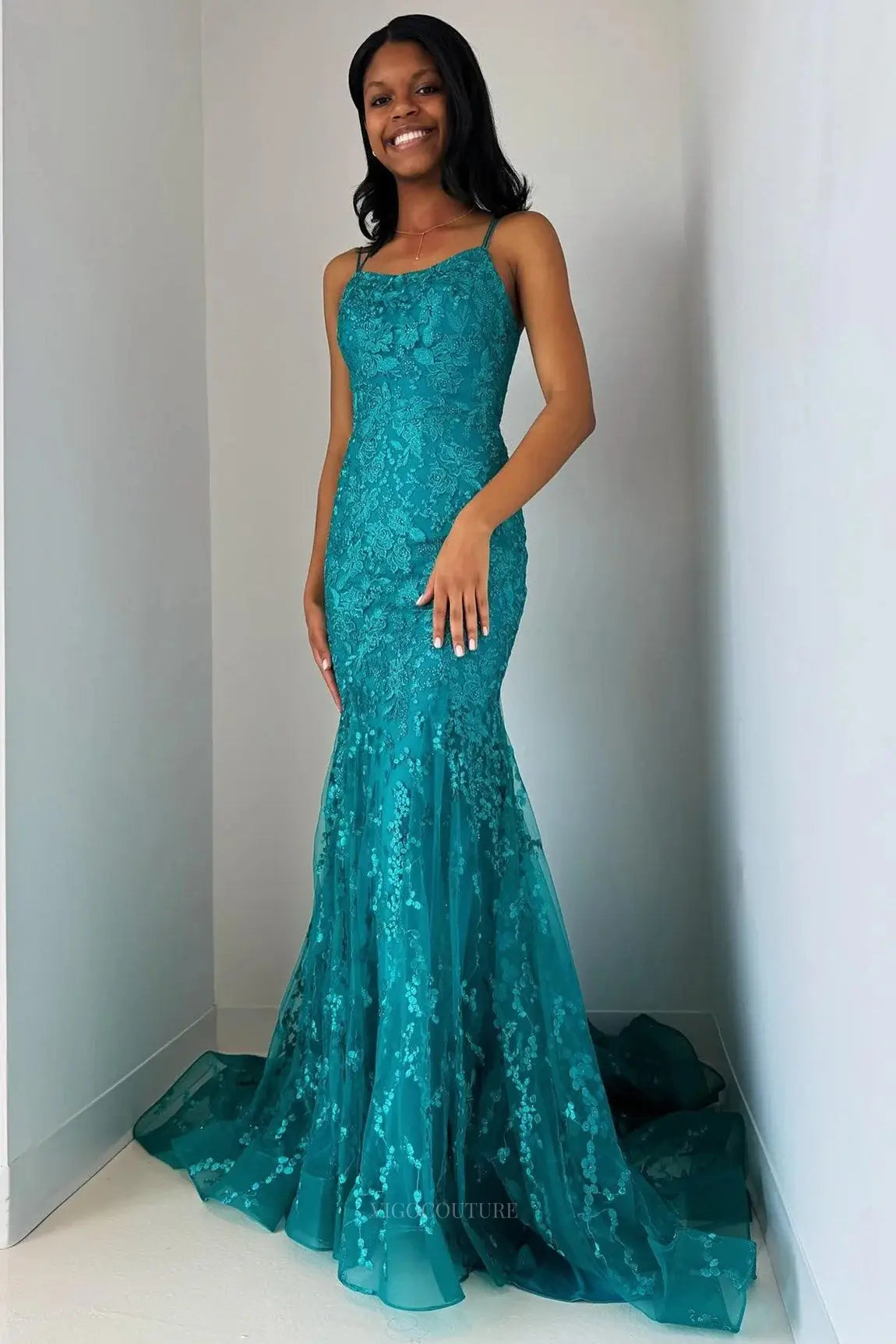 Teal Blue Lace Mermaid Prom Dresses 2025 Spaghetti Strap Formal Dresse vigocouture Teal Blue Lace Mermaid Prom Dresses 2025 Spaghetti Strap Formal Dresse vigocouture