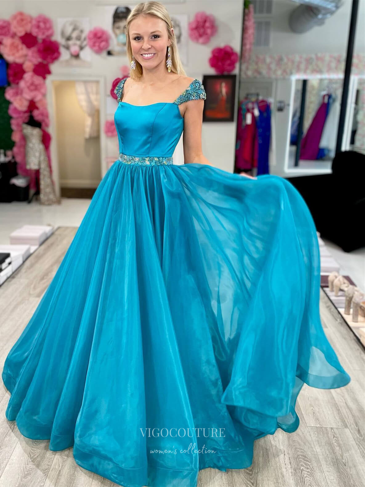 where to find affordable prom dresses Teal Blue Organza Cheap Prom Dresses Beaded Shoulder and Waist Satin B – vigocouture