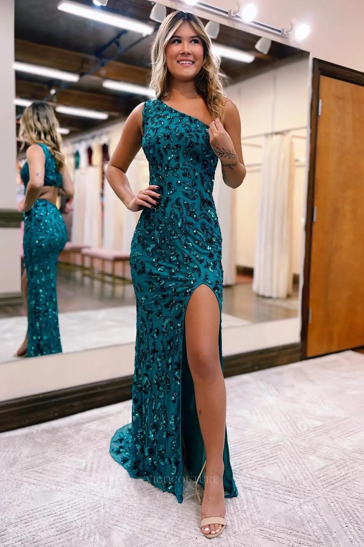 Teal One-Shoulder Sequin Prom Dress with Open Back – 26112 – vigocouture