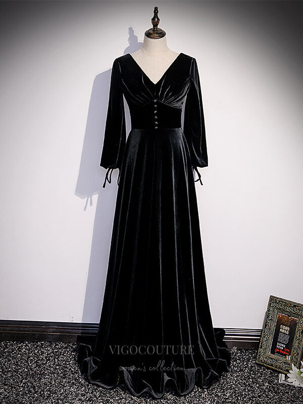Velvet Long Sleeve V-Neck Prom Dress 20903 vigocouture Velvet Long Sleeve V-Neck Prom Dress 20903 vigocouture