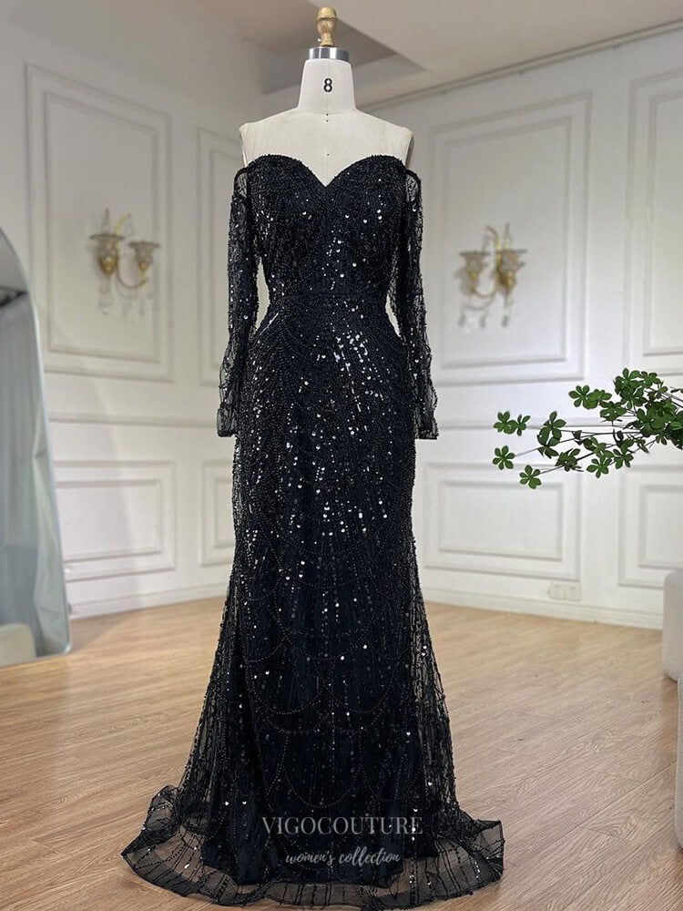 long sleeve black pageant dress Charming Black Sequins Long-Sleeves Deep-V-Neck Alluring Prom Dresses