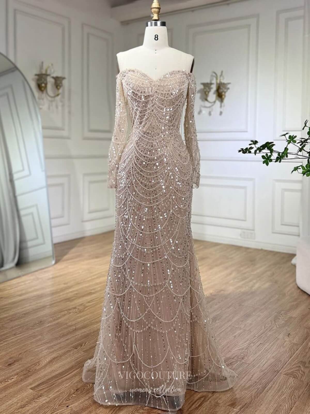 Prom Dress 2025 Vintage Beaded Long Sleeve Prom Dresses Off the Shoulder Sheath Pageant Dress 25001-unique elegant Prom Dresses-Champagne-US2-vigocouture