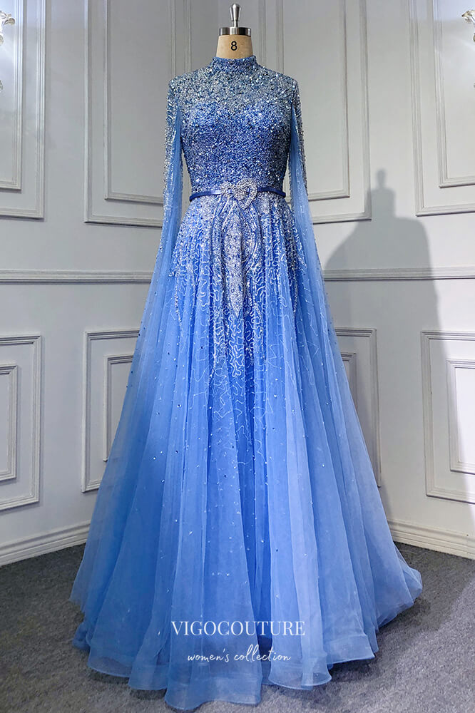 Vintage Beaded Prom Dresses Extra Long Sleeve High Neck Pageant Dress 21633 Light Blue / US2 Vintage Beaded Prom Dresses Extra Long Sleeve High Neck Pageant Dress 21633 Light Blue / US2