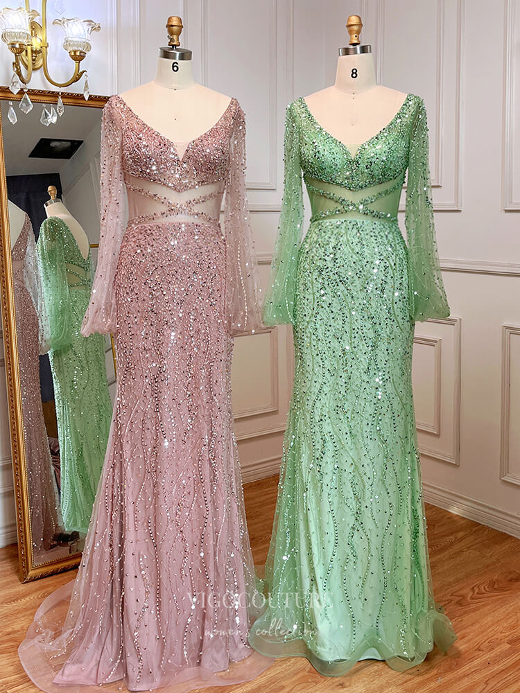 Vintage Beaded Prom Dresses Long Sleeve V-Neck Evening Gown 22110 Pink / US6 Vintage Beaded Prom Dresses Long Sleeve V-Neck Evening Gown 22110 Pink / US6