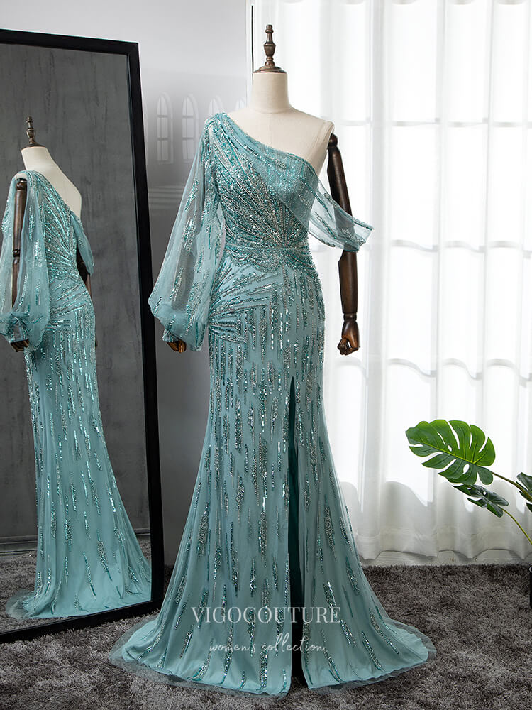 Vintage Beaded Prom Dresses with Slit One Shoulder 20s Evening Dresses 22077 Green / US4 Vintage Beaded Prom Dresses with Slit One Shoulder 20s Evening Dresses 22077 Green / US4