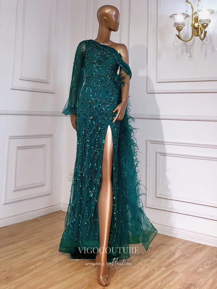 Vintage Beaded Prom Dresses with Slit One Shoulder Mermaid Evening Dresses 22072 Green / US4 Vintage Beaded Prom Dresses with Slit One Shoulder Mermaid Evening Dresses 22072 Green / US4