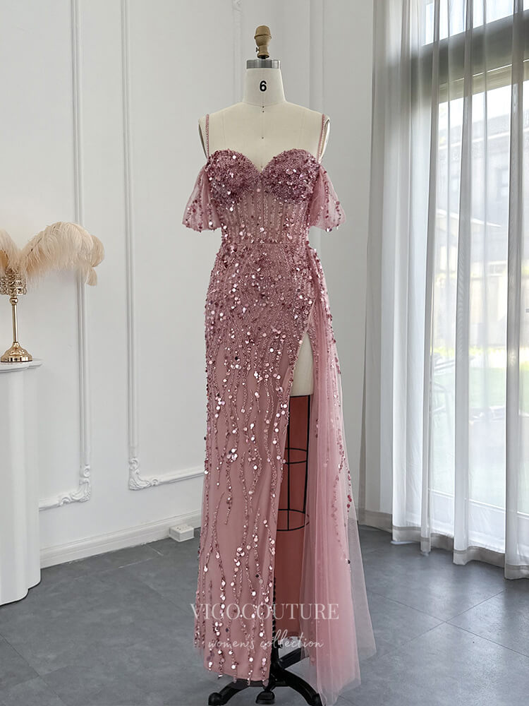 Vintage Beaded Prom Dresses with Slit Spaghetti Strap 1920s Evening Dress 22142 Pink / US10 Vintage Beaded Prom Dresses with Slit Spaghetti Strap 1920s Evening Dress 22142 Pink / US10
