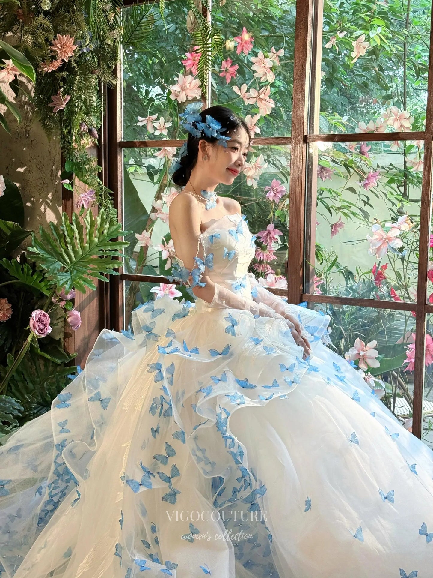 Prom Dresses 2025 to impress Whimsical Blue Butterfly Ball Gown with 3D Appliqué and Layered Tulle Skirt – F005-vigocouture-vigocouture