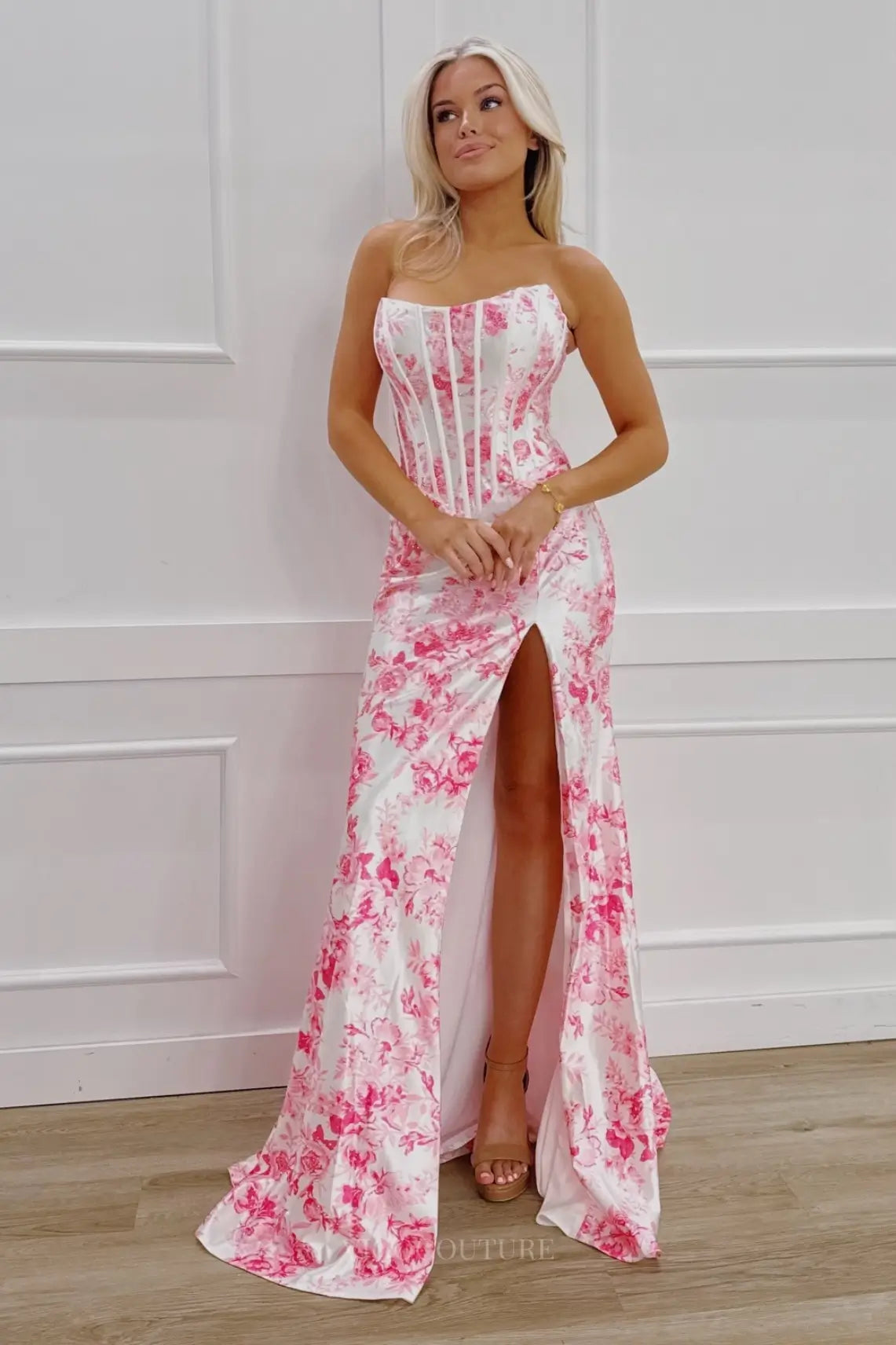 pink mermaid corset floral prom dress with slit Stacees 2026 Ruched Corset Floral Tiered Ruffle Slit Prom Dress with Detachable Straps