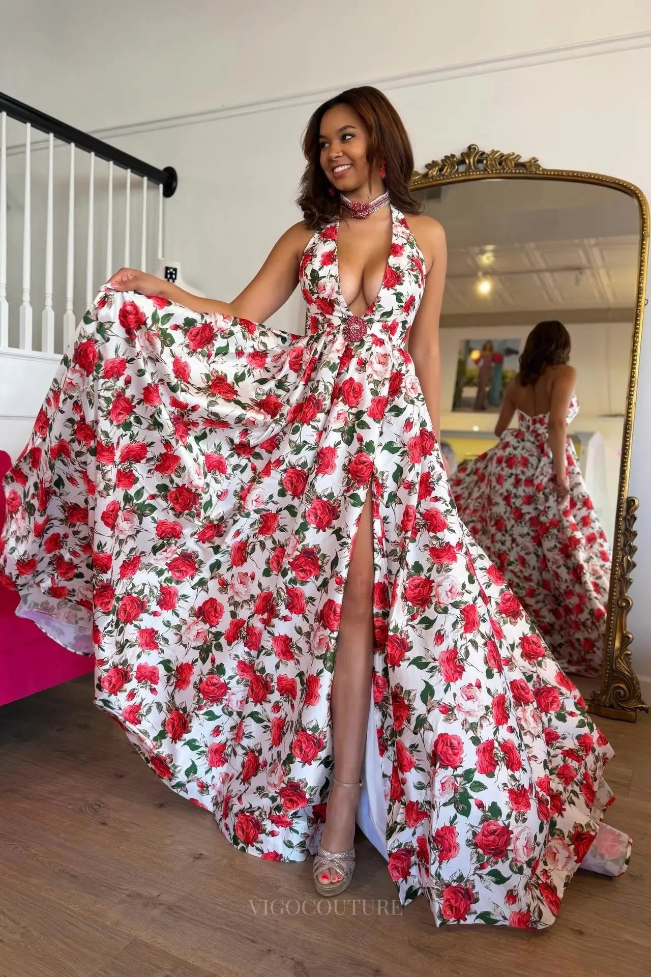 White Rose Floral Halter Prom Dress with Plunge V & Slit – FP012 – vigocouture