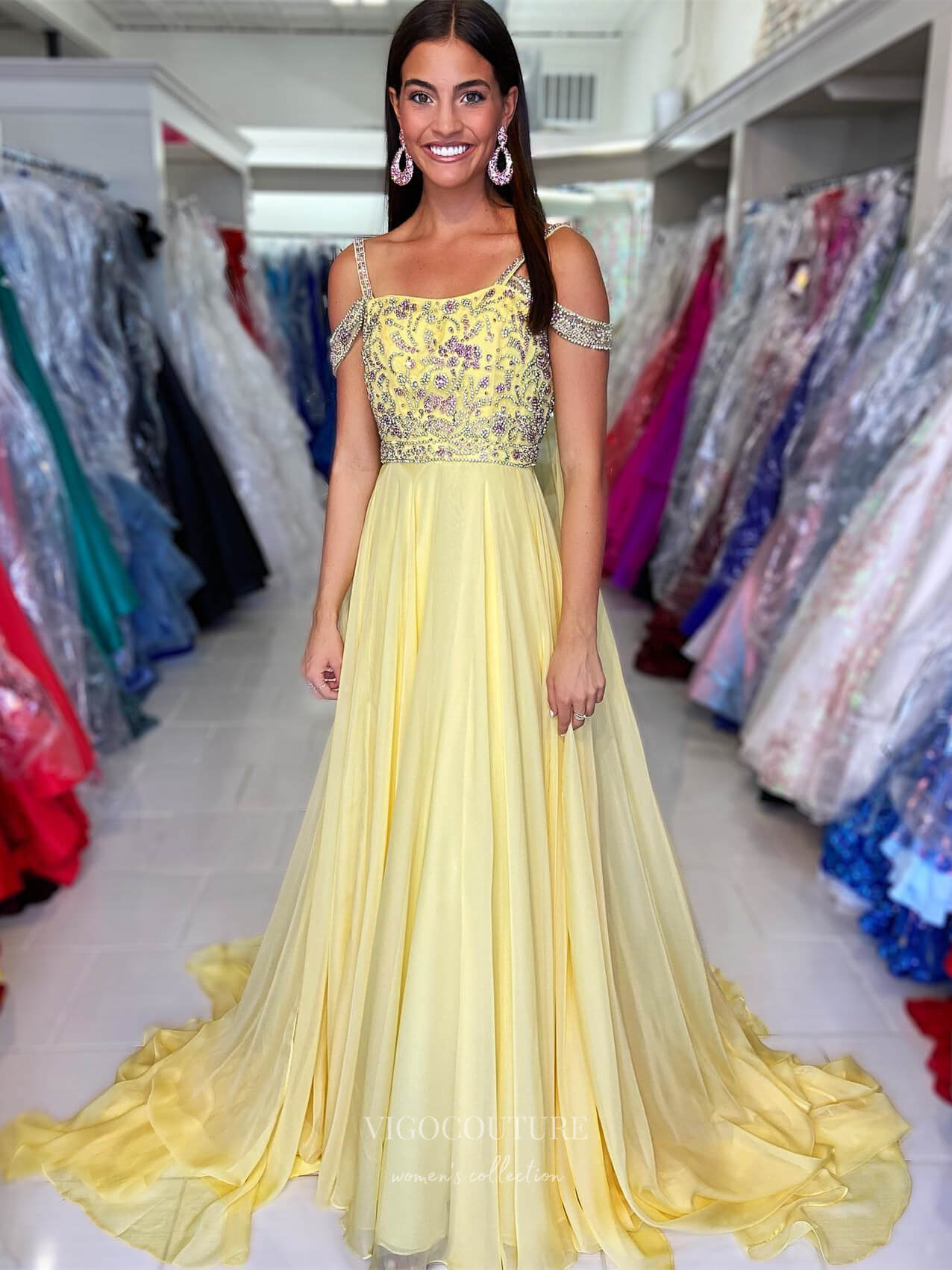Yellow Beaded Lace Off the Shoulder Prom Dresses Chiffon Formal Dress vigocouture Yellow Beaded Lace Off the Shoulder Prom Dresses Chiffon Formal Dress vigocouture