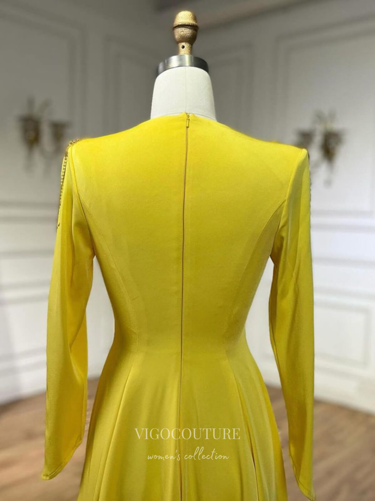 Prom Dress 2025 Yellow Beaded Lace Satin Prom Dresses Long Sleeve V-Neck Formal Dress 24515-unique elegant Prom Dresses-Yellow-US2-vigocouture