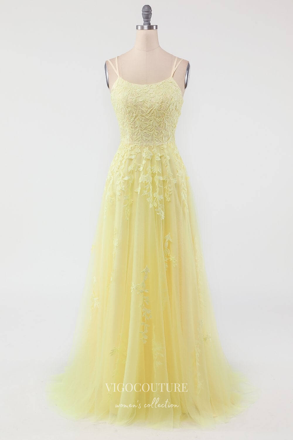 Yellow Lace Applique Prom Dresses Spaghetti Strap Evening Dress 22040 Yellow / US14 Yellow Lace Applique Prom Dresses Spaghetti Strap Evening Dress 22040 Yellow / US14