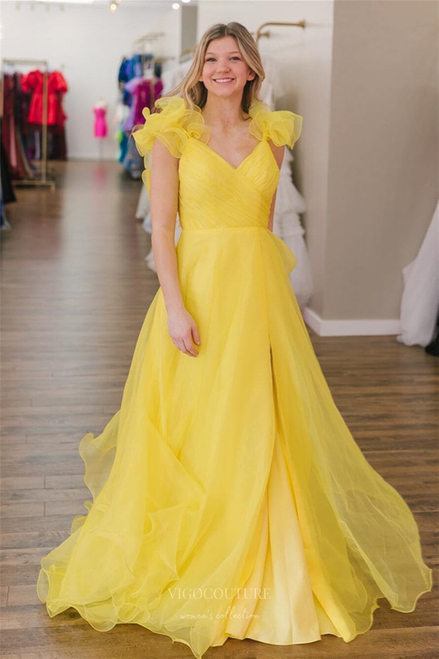 Yellow Ruffled Organza Cheap Prom Dresses with Slit Crossed Pleated Bo – vigocouture Yellow Ruffled Organza Cheap Prom Dresses with Slit Crossed Pleated Bo – vigocouture