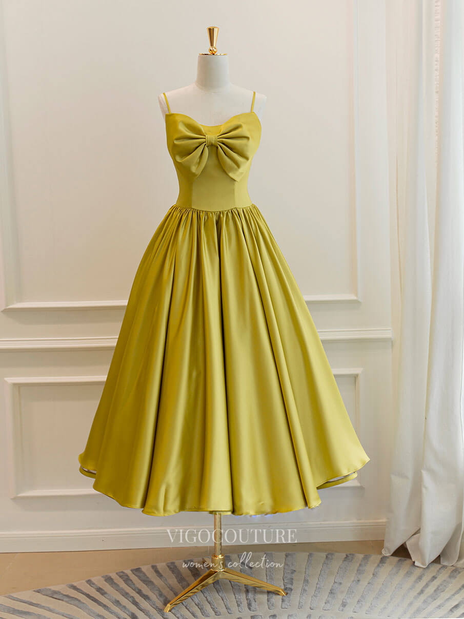 Yellow Satin Prom Dresses Tea-Length Spaghetti Strap Short Formal Dres vigocouture Yellow Satin Prom Dresses Tea-Length Spaghetti Strap Short Formal Dres vigocouture